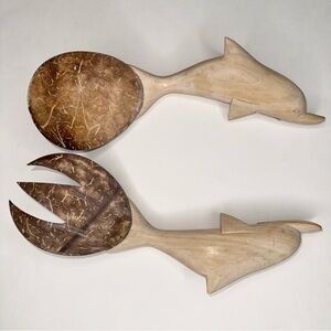 VINTAGE DOLPHINS HAND CARVED WOOD SERVING UTENSILS FORK SPOON TIKI STYLE